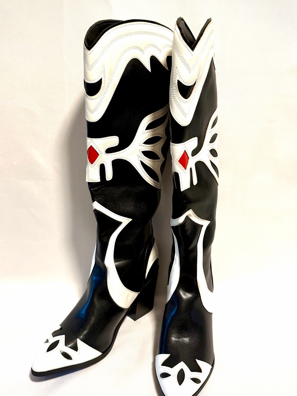 Women's Black and White Knee High Western Boots with Red Accent